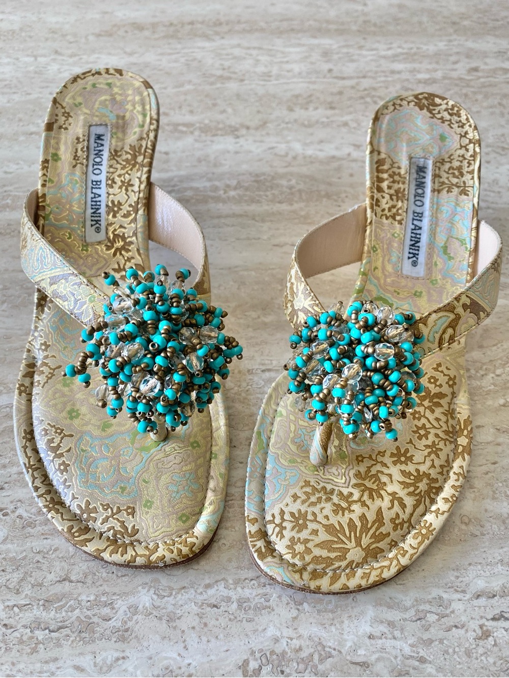 Vintage Manolo Blahnik Brocade Beaded Thong Sandal Heels - Picture 5 of 8